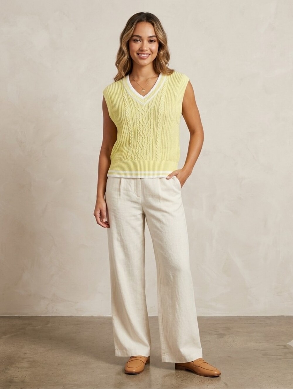 French Connection Mozart Cable Sweater Vest in Lemon Gellato/White Sz S